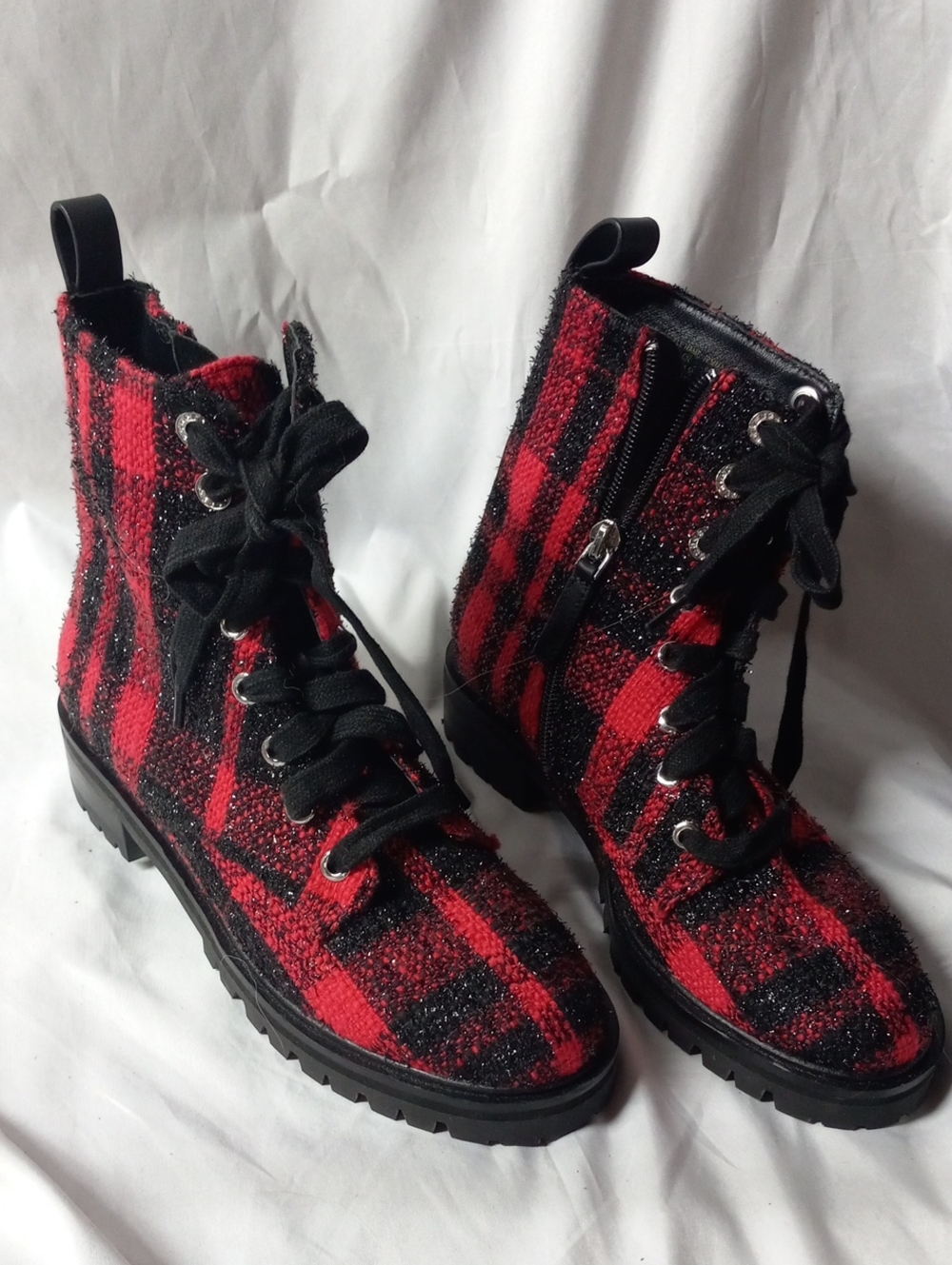 Plaid Red & Black Combat Boots - Women's Lace-Up Ankle Boots